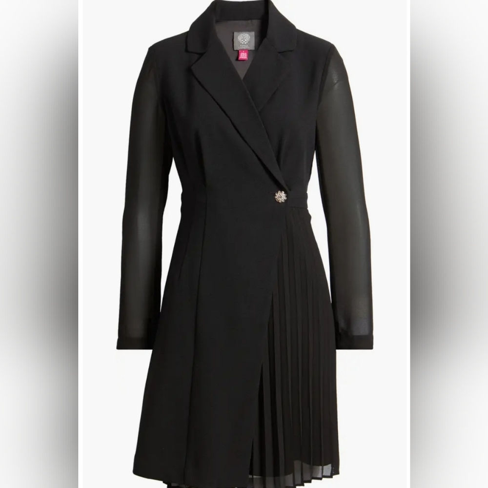 Vince Camuto Black Long Sleeve Pleated Wrap Dress